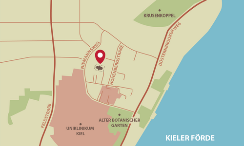 Karte zeigt Lage des Uniklinikums Kiel nahe Alter Botanischer Garten und Kieler Förde mit Straßen wie Niemannsweg und Düsternbrooker Weg